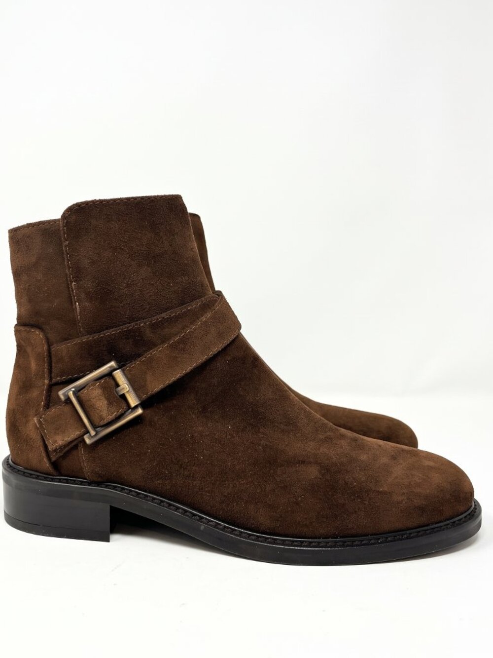 Aquatalia Bree Brown Suede Waterproof Ankle Boots Moto Buckle Zip Women 7 Italy
